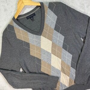 Banana Republic Men's S Argyle‎ V-Neck Sweater Gray Silk Cotton Cashmere Blend